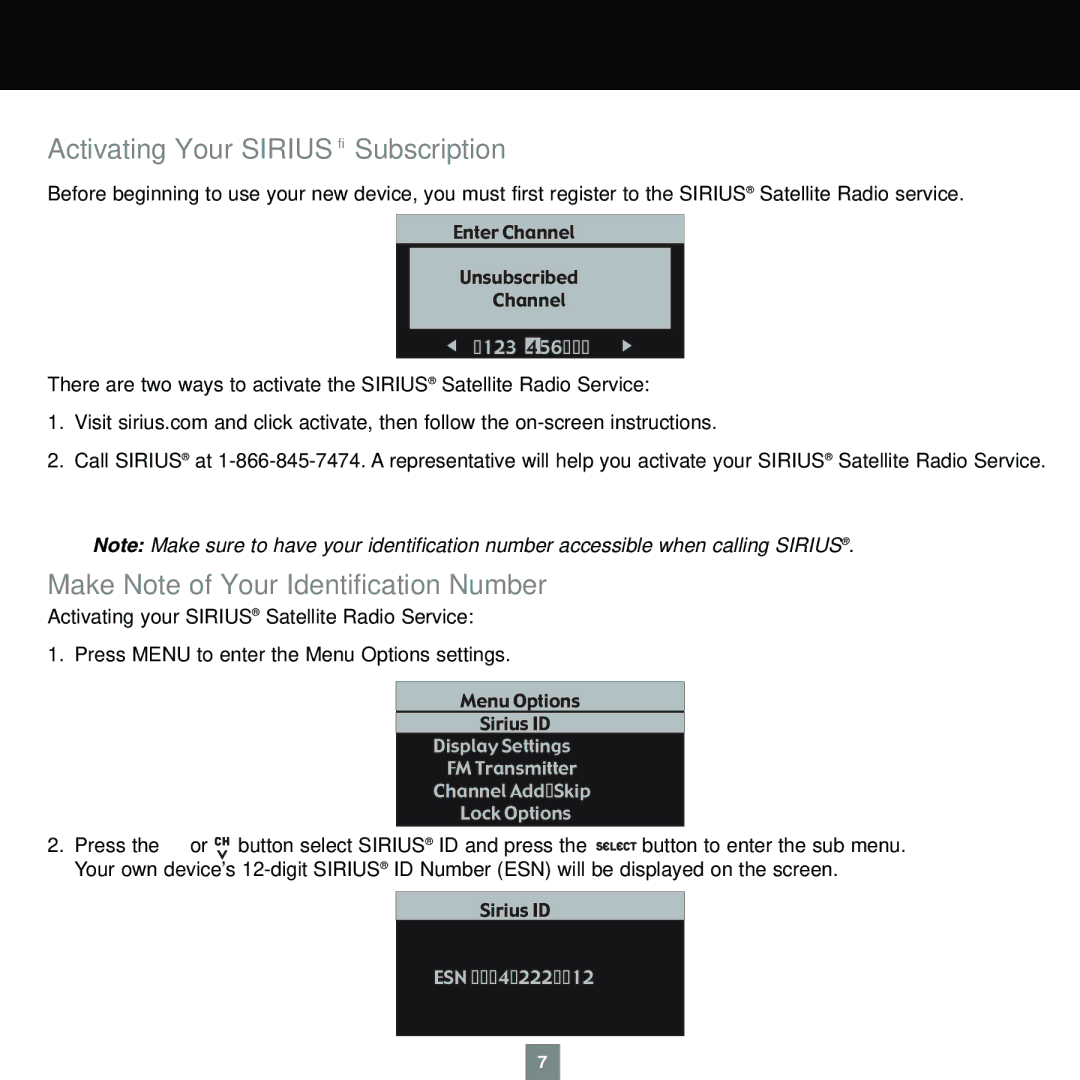 Sirius Satellite Radio XTR1 instruction manual Activating Your Sirius Subscription, Make Note of Your Identification Number 