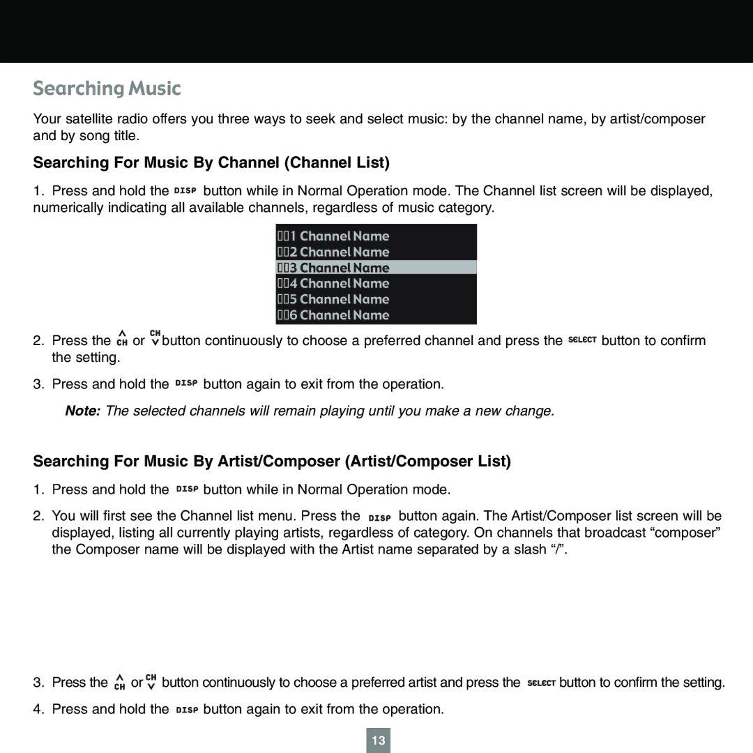 Sirius Satellite Radio XTR1 instruction manual Searching Music, Searching For Music By Channel Channel List 