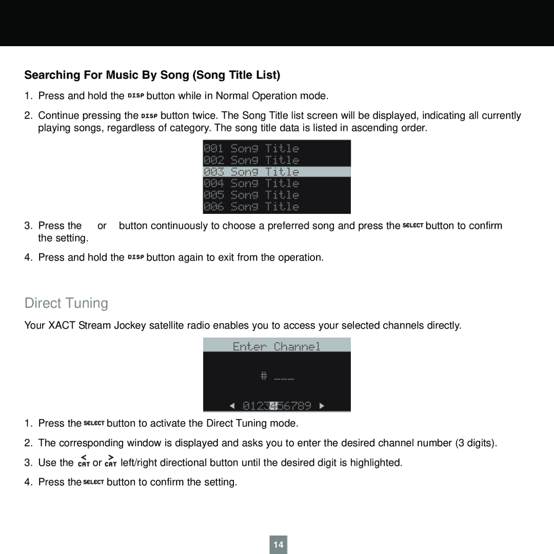 Sirius Satellite Radio XTR1 instruction manual Direct Tuning, Searching For Music By Song Song Title List 