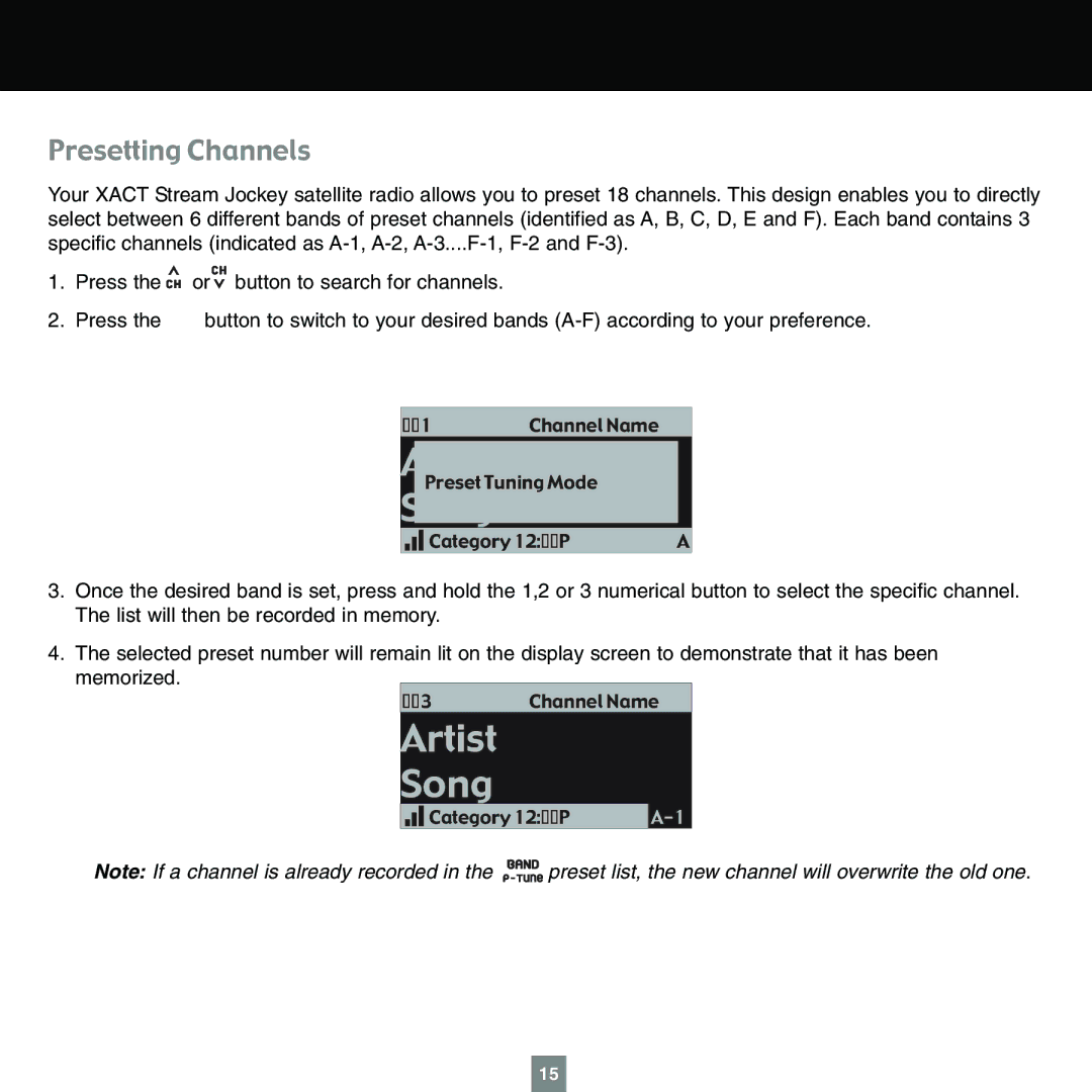 Sirius Satellite Radio XTR1 instruction manual Song, Presetting Channels 