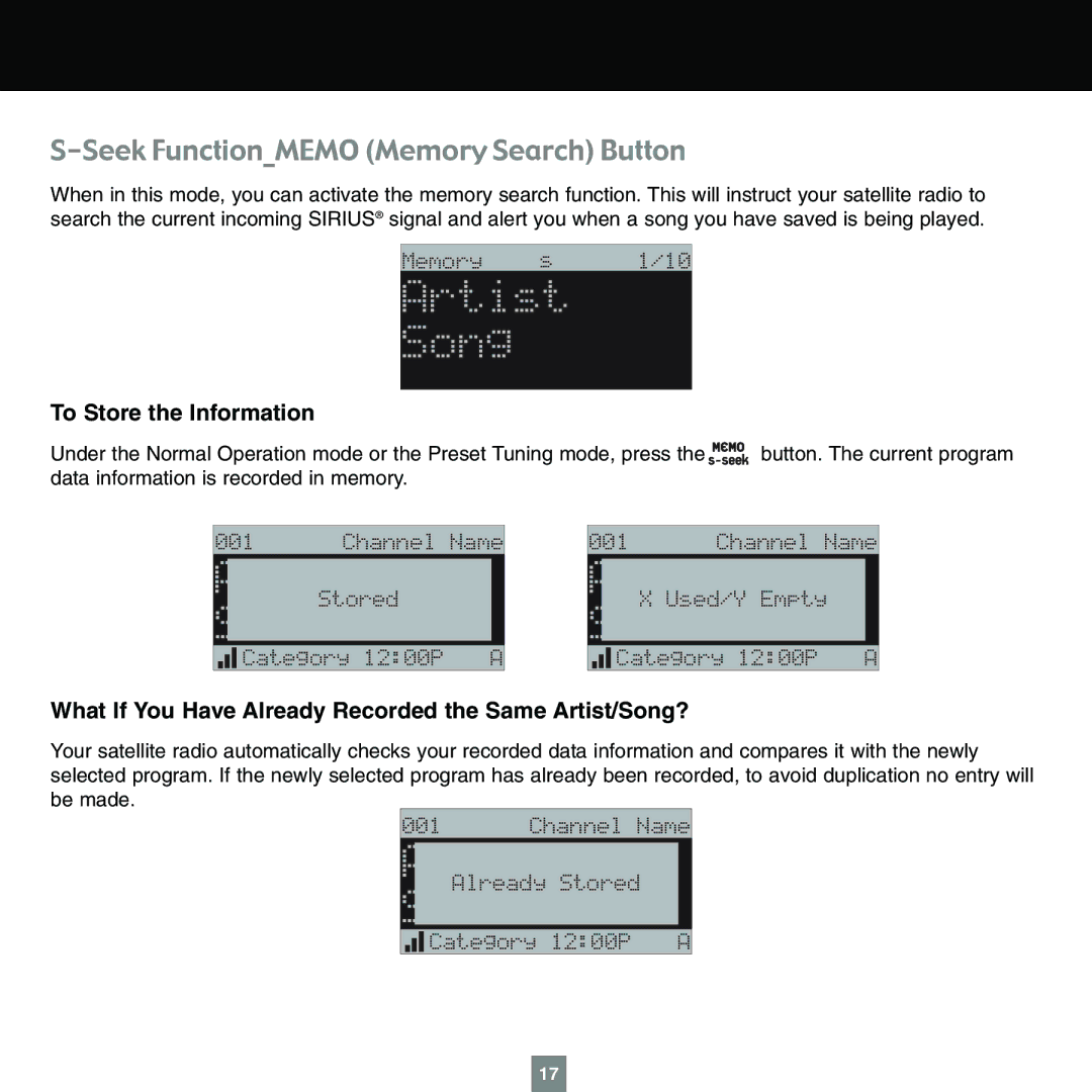 Sirius Satellite Radio XTR1 instruction manual Seek FunctionMEMO Memory Search Button, To Store the Information 