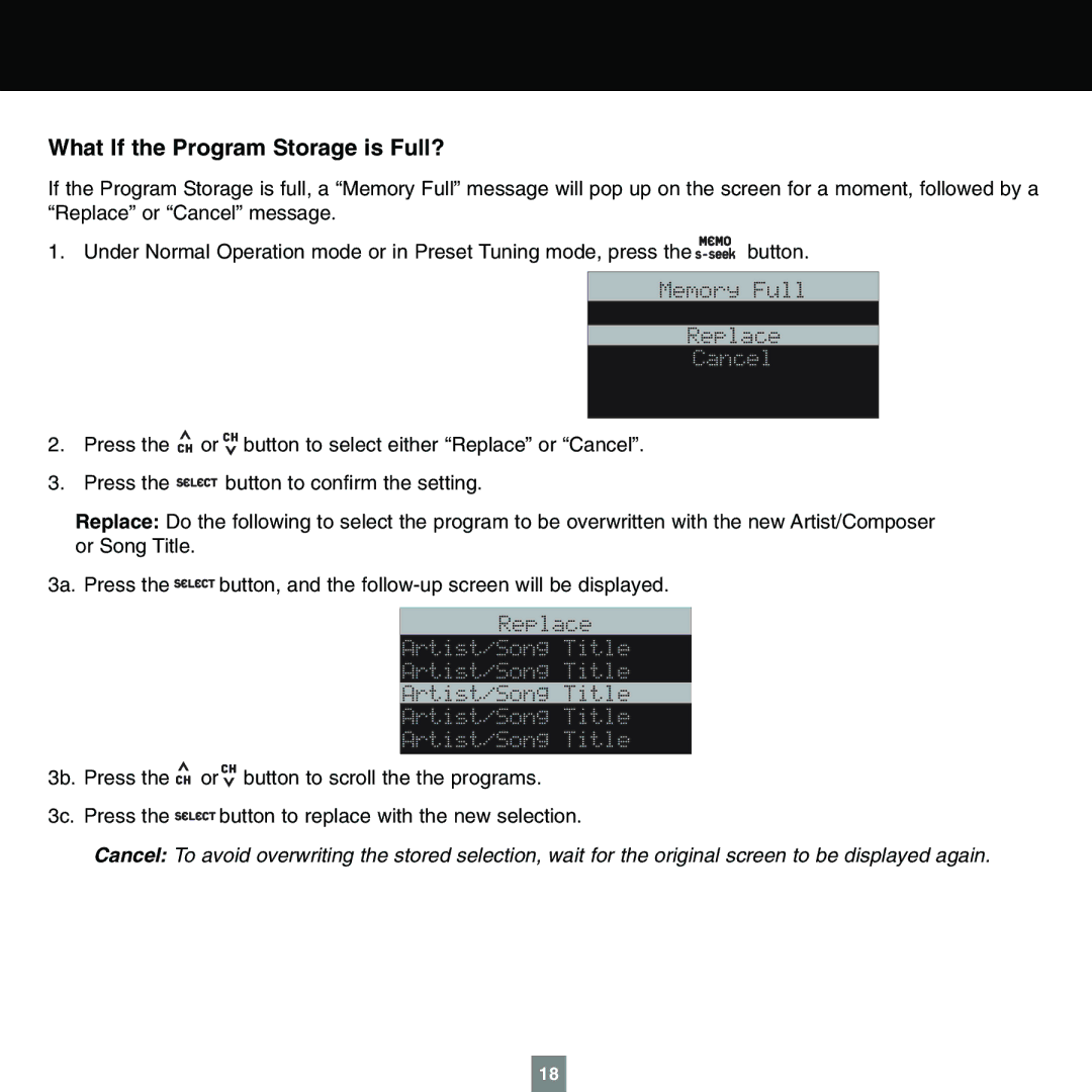 Sirius Satellite Radio XTR1 instruction manual What If the Program Storage is Full? 