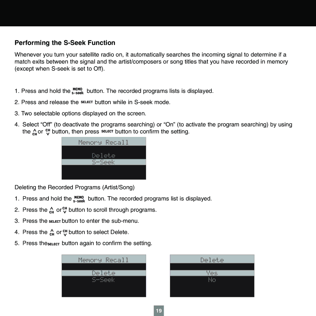 Sirius Satellite Radio XTR1 instruction manual Performing the S-Seek Function 