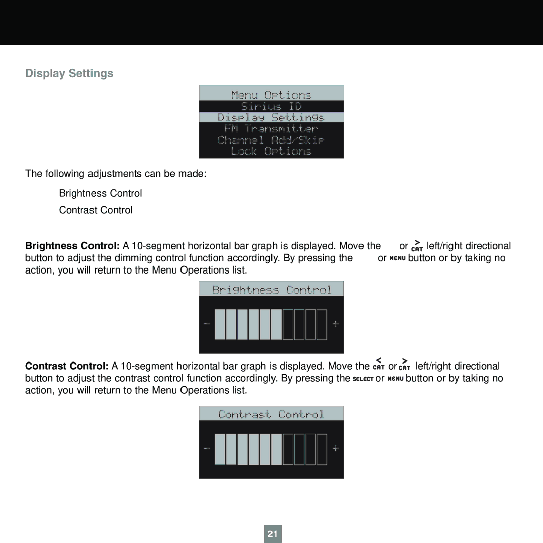 Sirius Satellite Radio XTR1 instruction manual Display Settings 