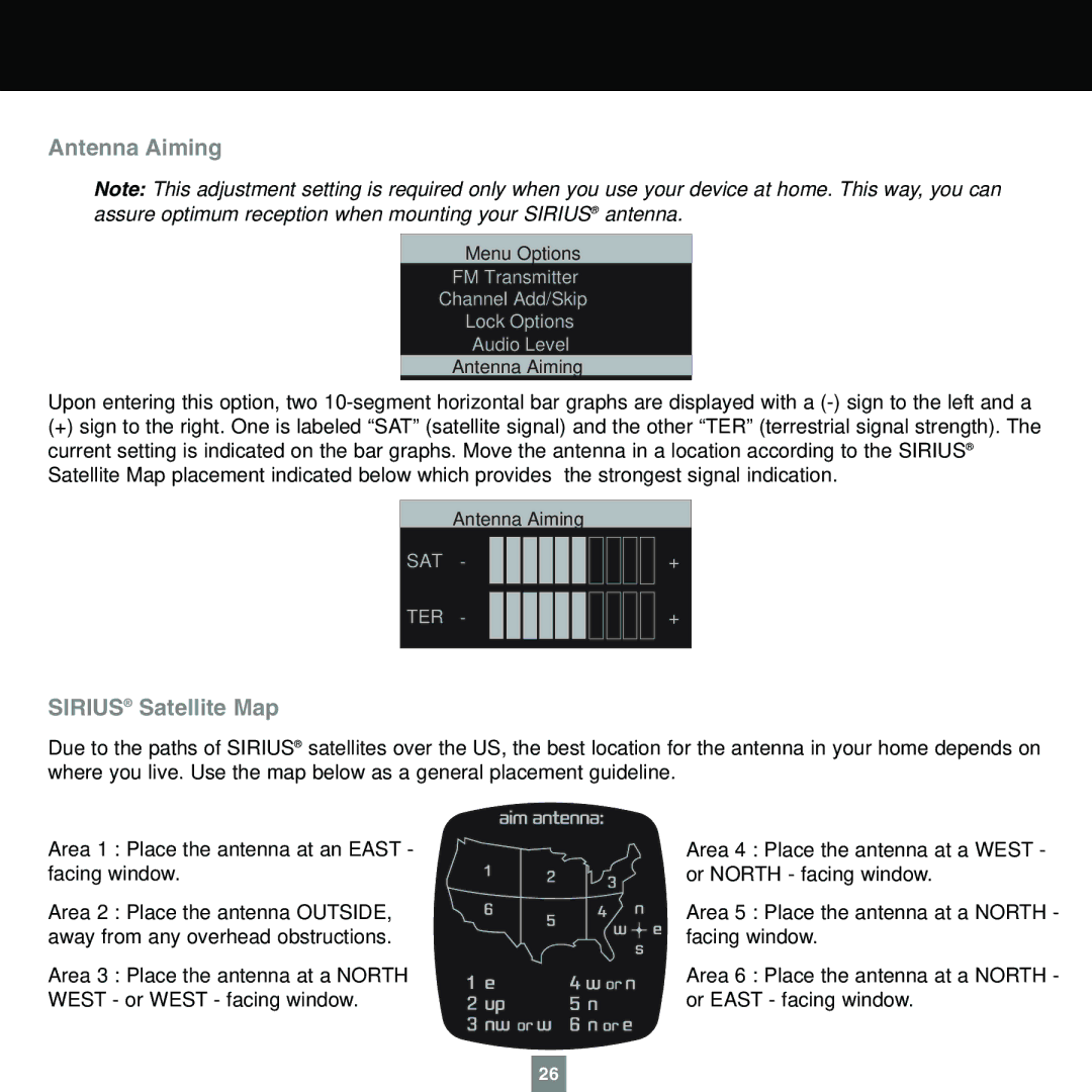 Sirius Satellite Radio XTR1 instruction manual Antenna Aiming, Sirius Satellite Map 