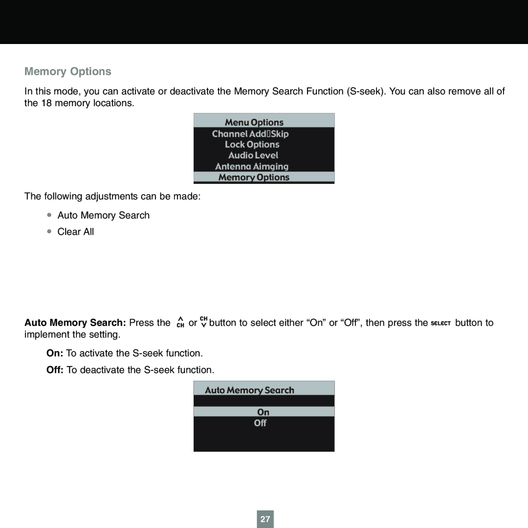 Sirius Satellite Radio XTR1 instruction manual Memory Options 