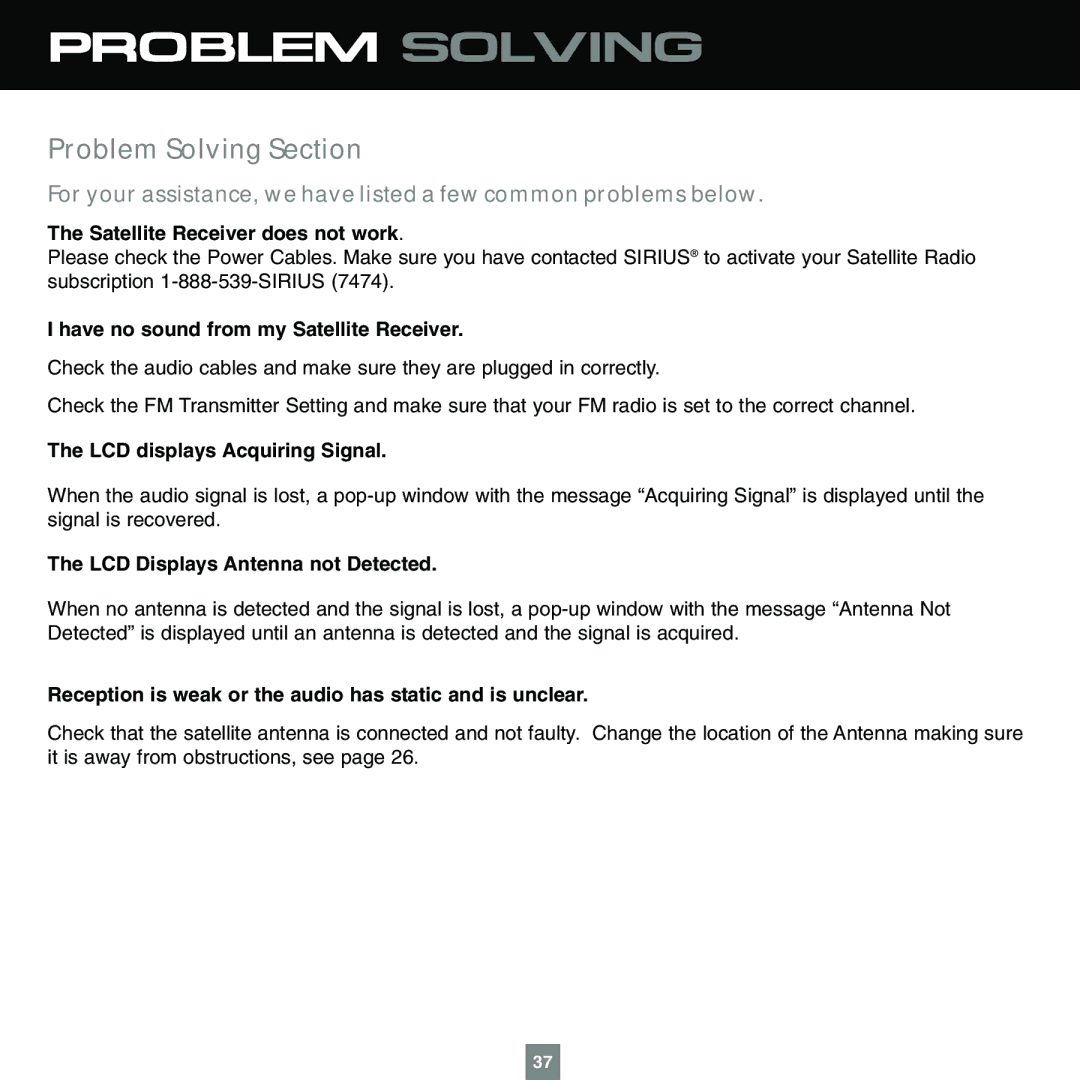 Sirius Satellite Radio XTR1 instruction manual Problem Solving Section 