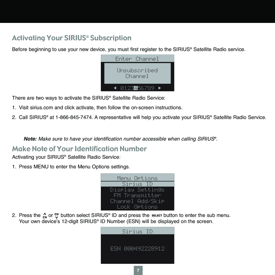 Sirius Satellite Radio XTR1 instruction manual Activating Your SIRIUS Subscription, Make Note of Your Identification Number 