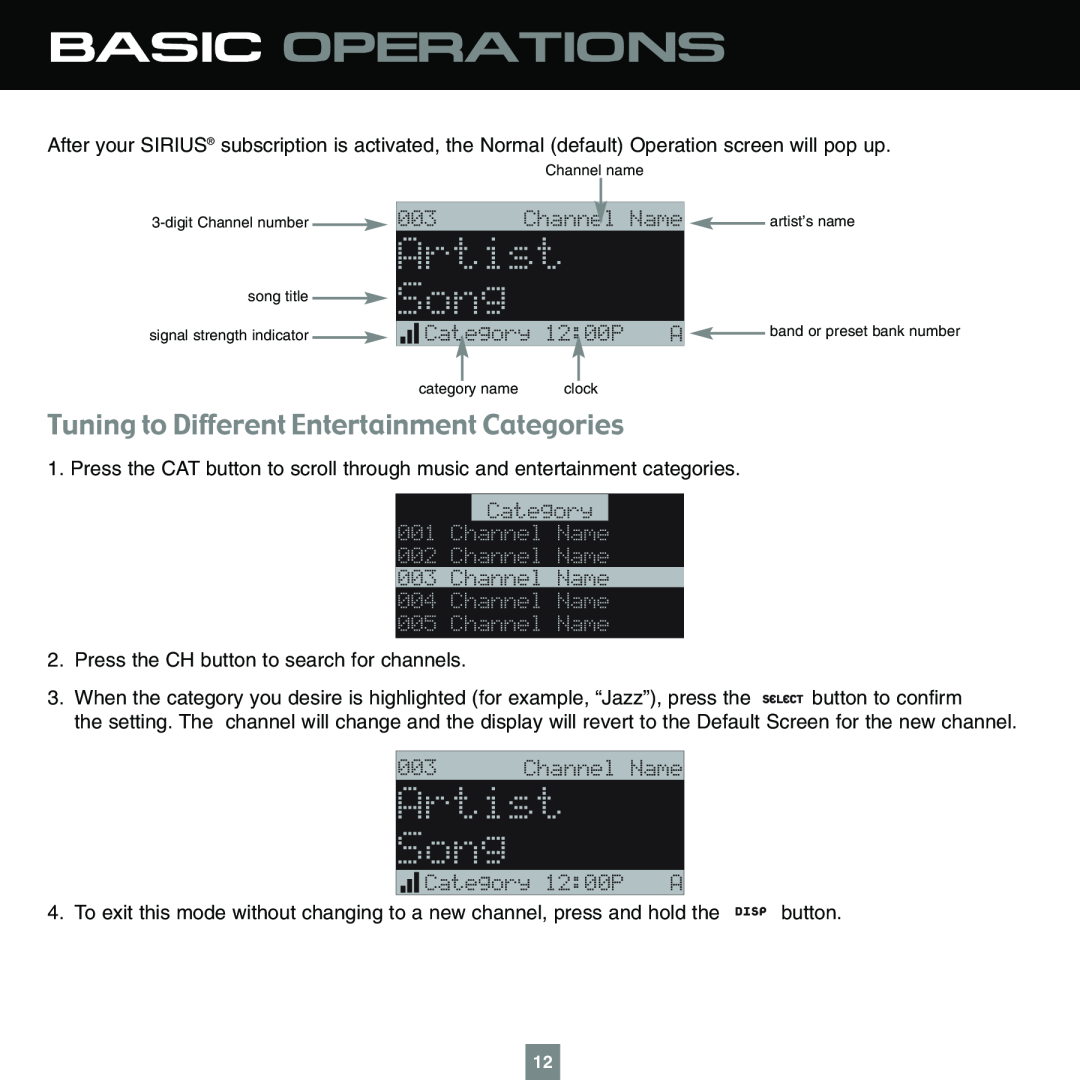 Sirius Satellite Radio XTR1 instruction manual Basic Operations, Artist 