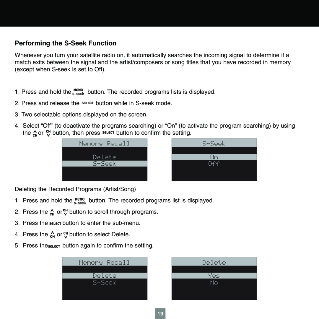 Sirius Satellite Radio XTR1 instruction manual Performing the S-SeekFunction 