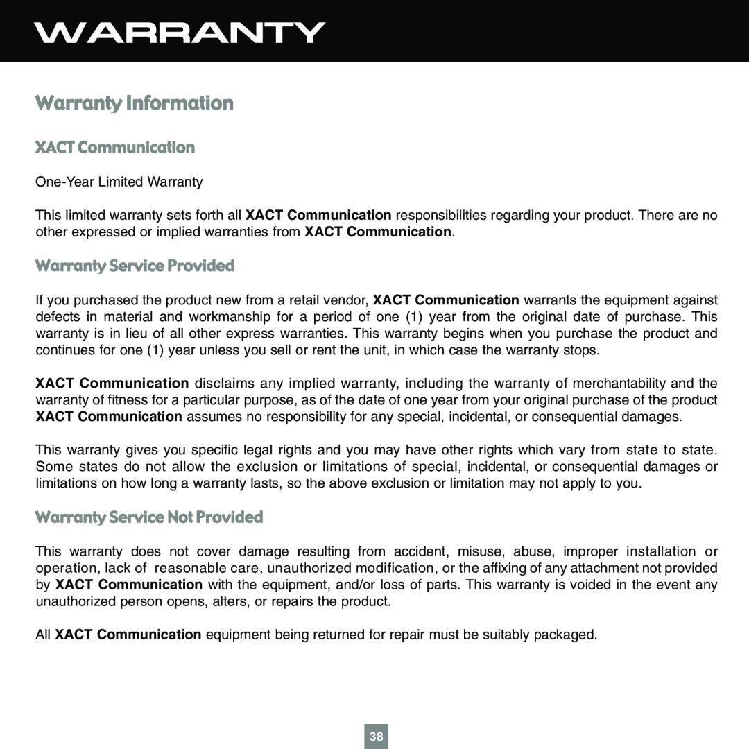 Sirius Satellite Radio XTR1 instruction manual Warranty Information, XACT Communication, Warranty Service Provided 