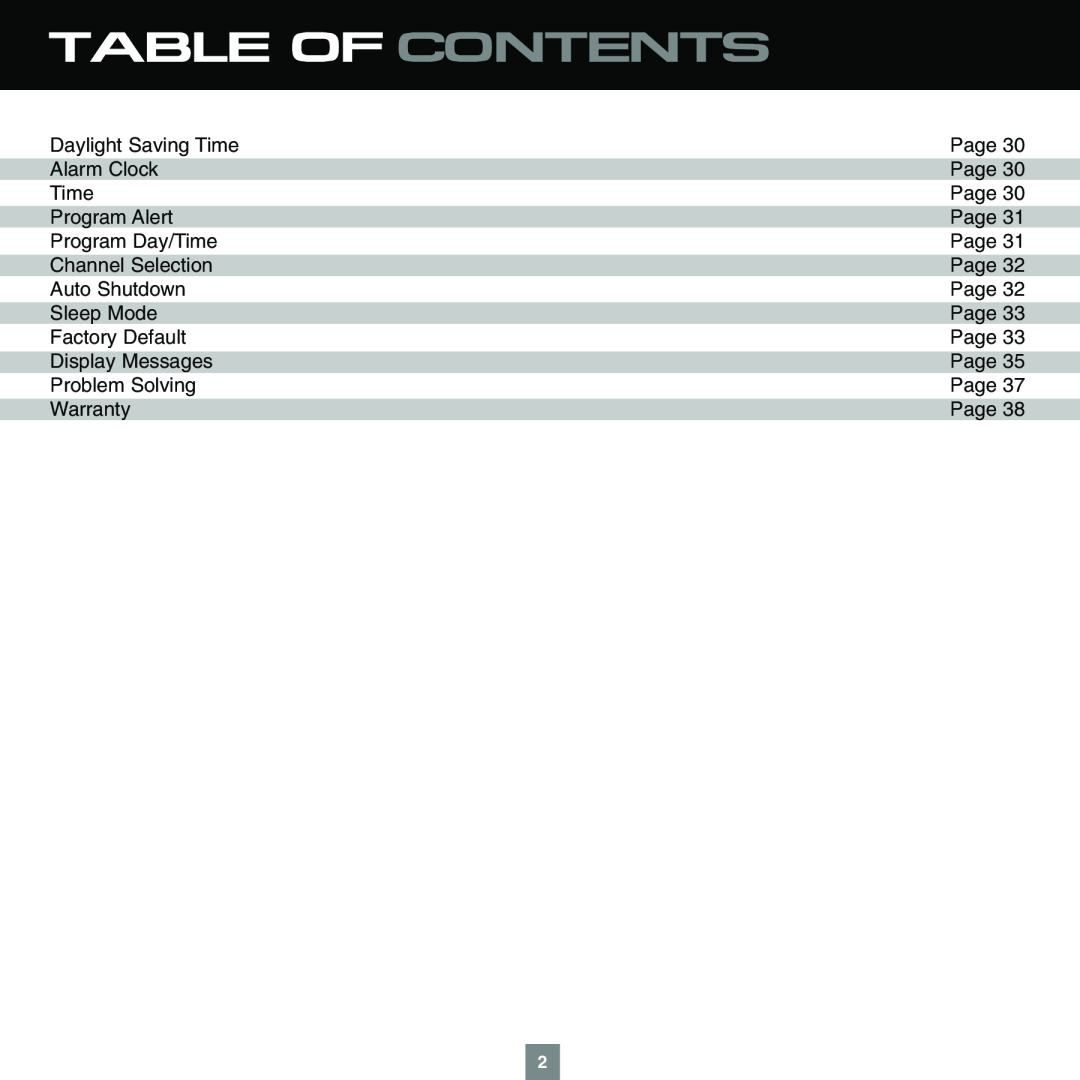 Sirius Satellite Radio XTR1 instruction manual Table Of Contents, Daylight Saving Time 