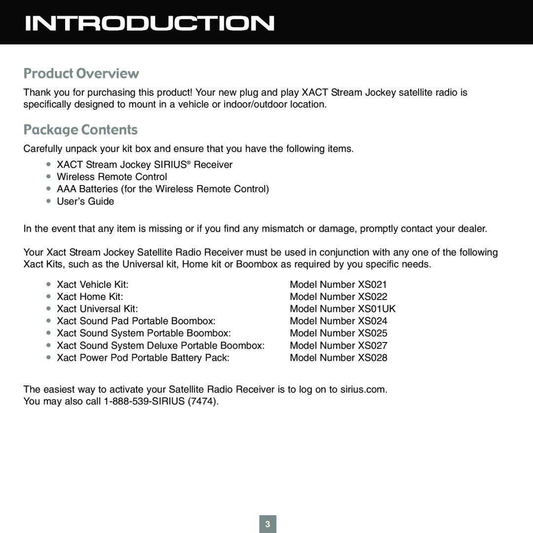 Sirius Satellite Radio XTR1 instruction manual Introduction, Product Overview, Package Contents 