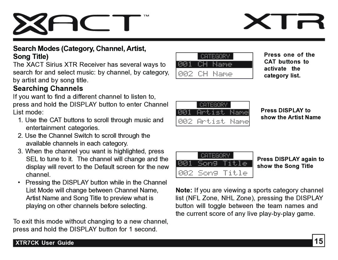 Sirius Satellite Radio XTR7CK manual Search Modes Category, Channel, Artist, Song Title, Searching Channels 