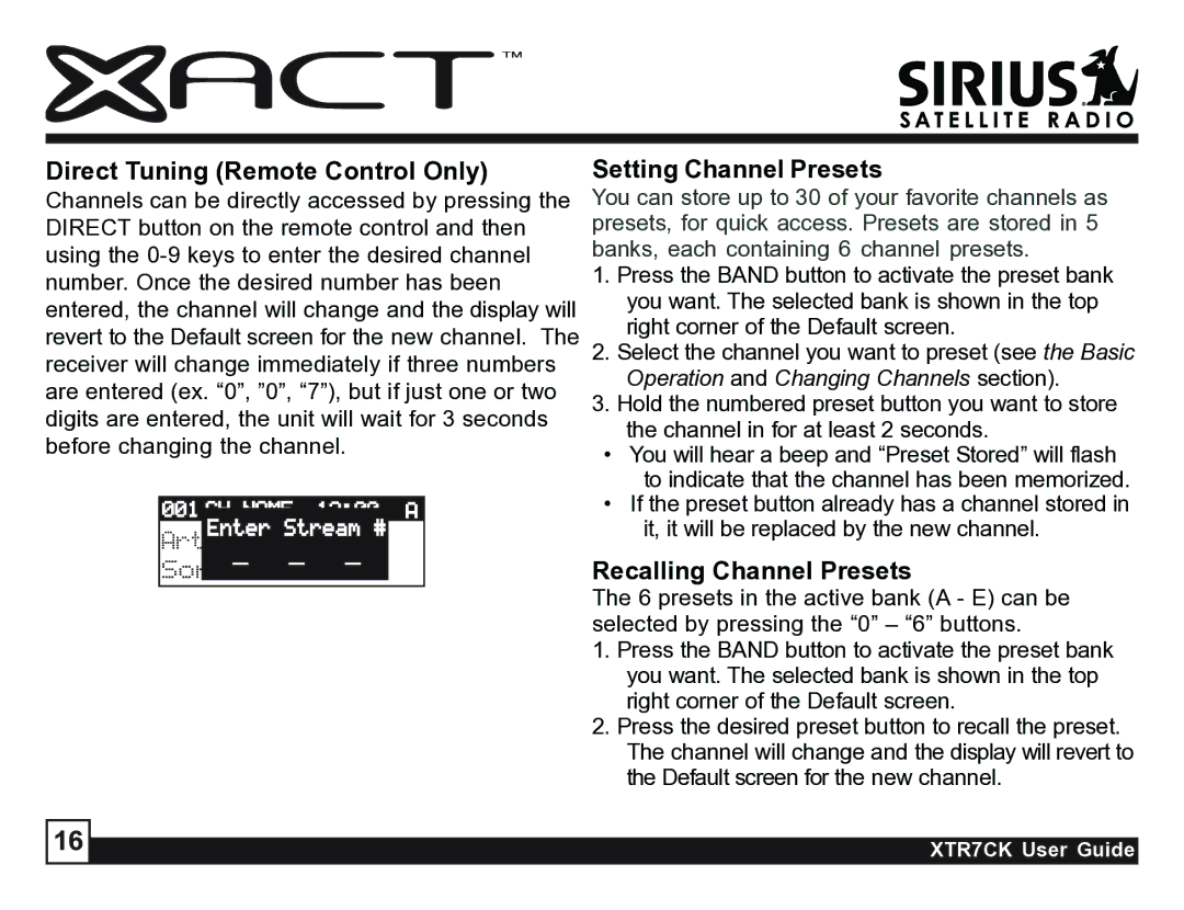 Sirius Satellite Radio XTR7CK manual Direct Tuning Remote Control Only, Setting Channel Presets, Recalling Channel Presets 