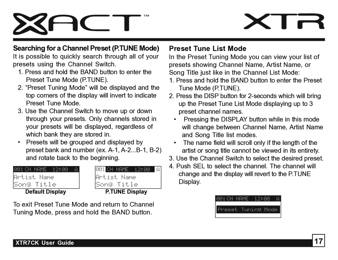 Sirius Satellite Radio XTR7CK manual Preset Tune List Mode, Searching for a Channel Preset P.TUNE Mode 