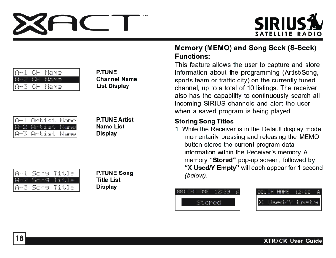 Sirius Satellite Radio XTR7CK manual Memory Memo and Song Seek S-Seek Functions, Storing Song Titles 