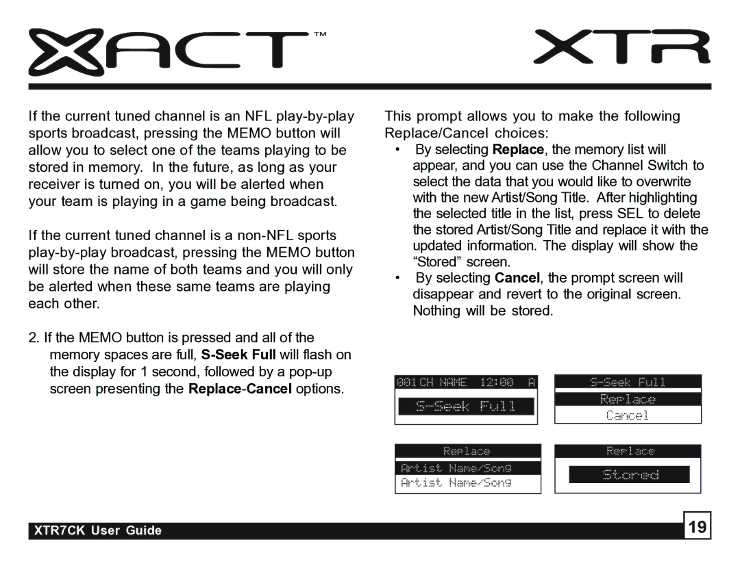 Sirius Satellite Radio XTR7CK manual Seek Full 