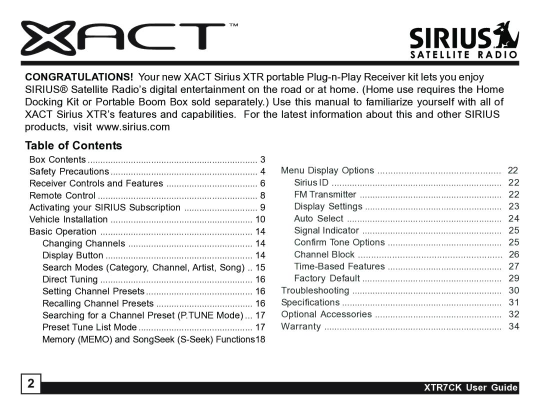 Sirius Satellite Radio XTR7CK manual Table of Contents 