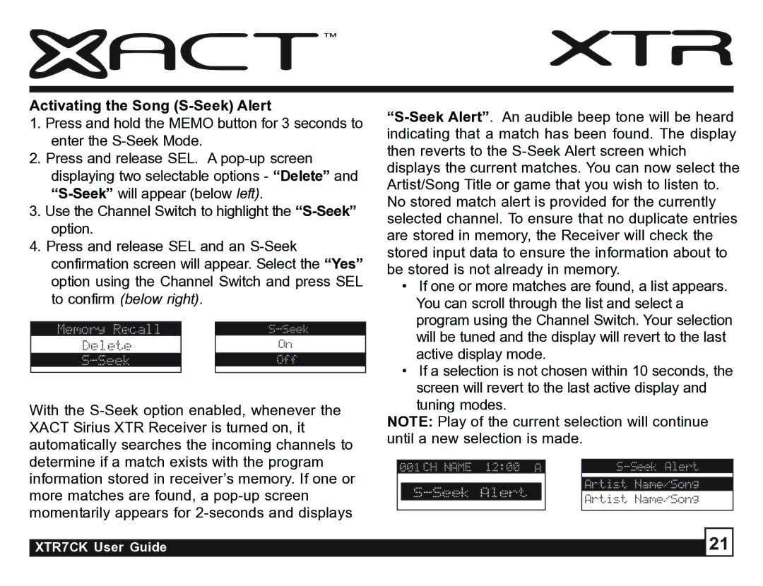 Sirius Satellite Radio XTR7CK manual Activating the Song S-Seek Alert 