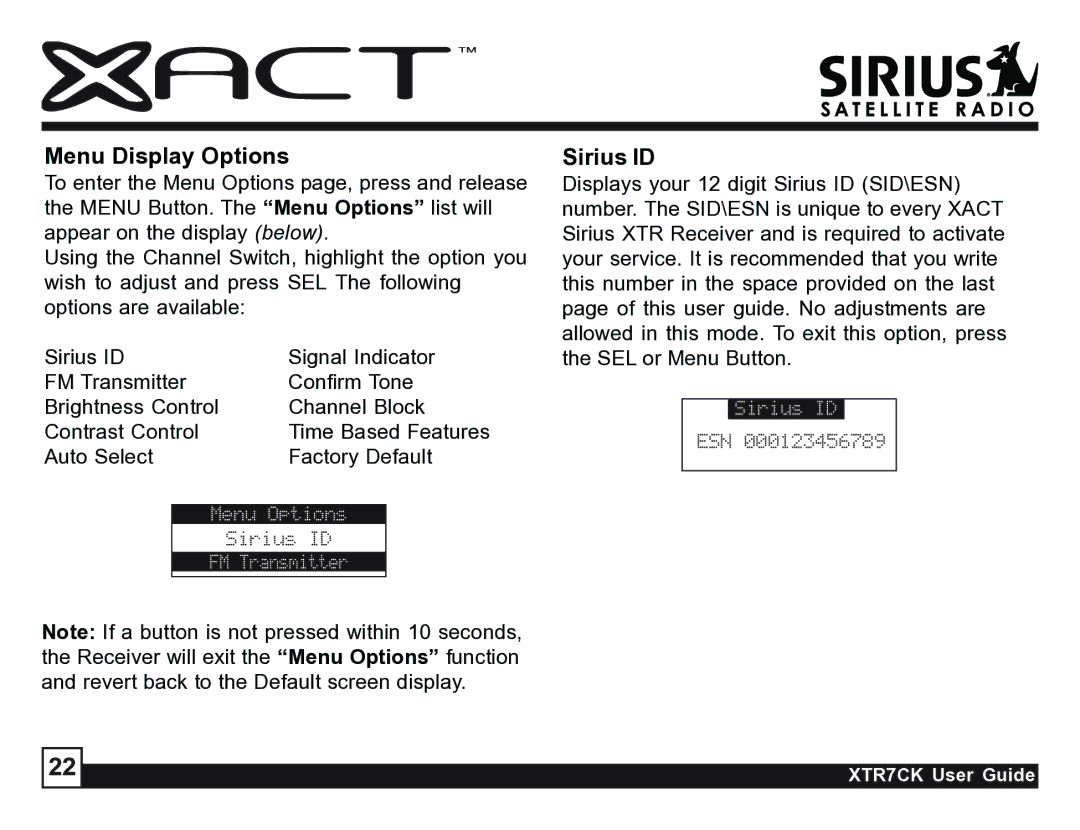 Sirius Satellite Radio XTR7CK manual Menu Display Options, Sirius ID 