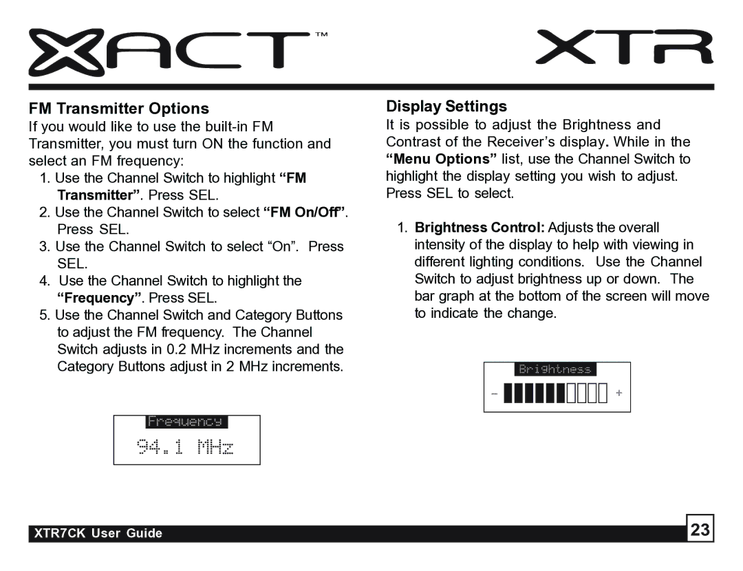 Sirius Satellite Radio XTR7CK manual FM Transmitter Options, Display Settings 