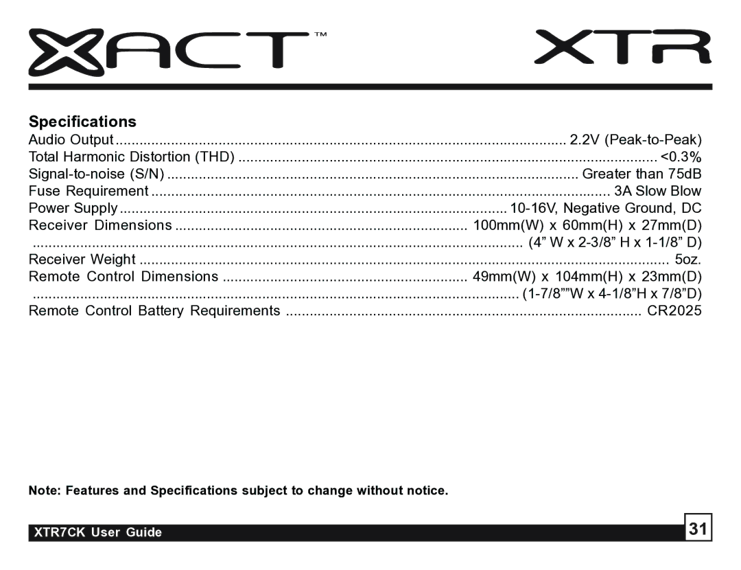 Sirius Satellite Radio XTR7CK manual Specifications 