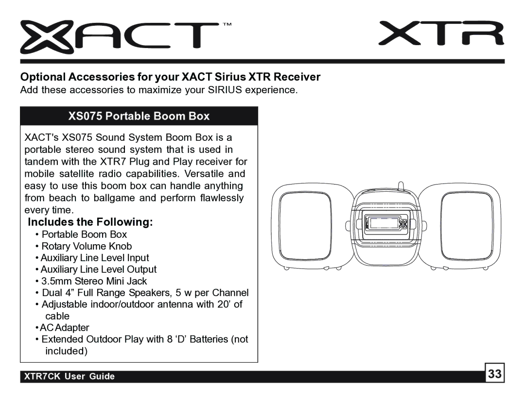 Sirius Satellite Radio XTR7CK manual XS075 Portable Boom Box 