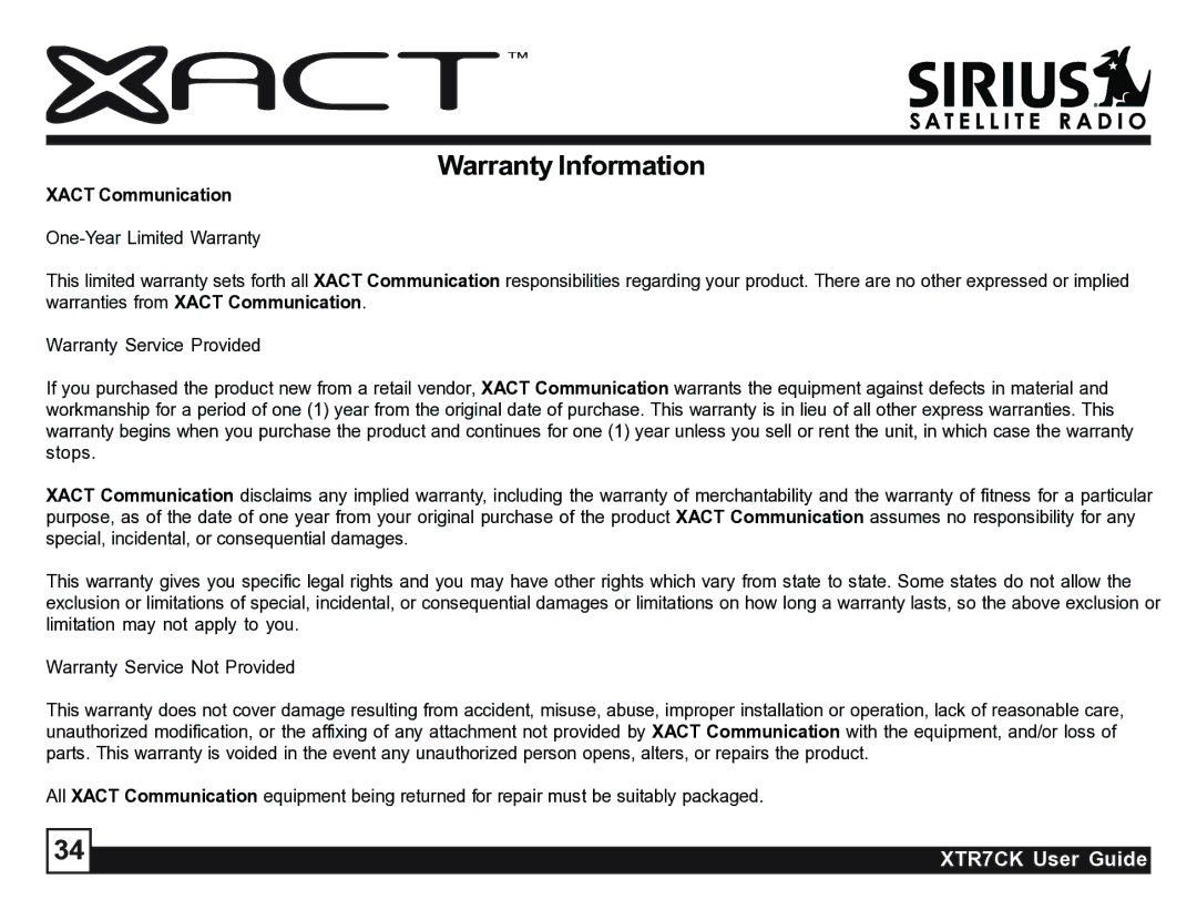 Sirius Satellite Radio XTR7CK manual Warranty Information 