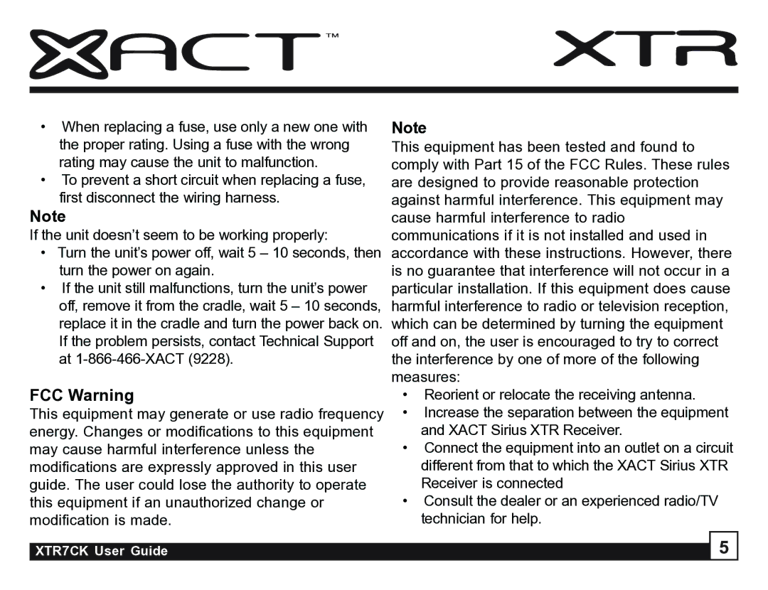 Sirius Satellite Radio XTR7CK manual FCC Warning 