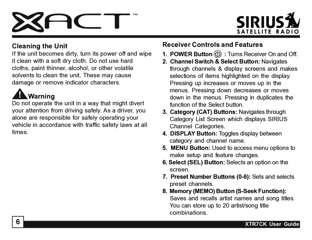 Sirius Satellite Radio XTR7CK manual Cleaning the Unit, Receiver Controls and Features 