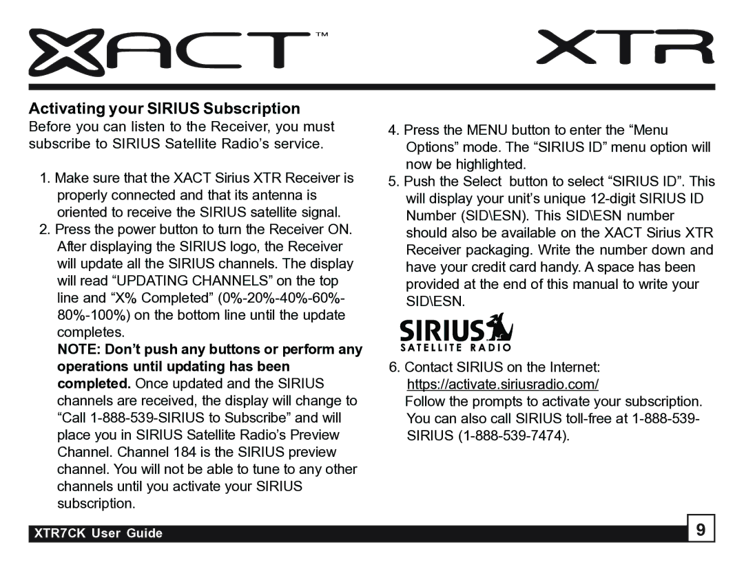 Sirius Satellite Radio XTR7CK manual Activating your Sirius Subscription 