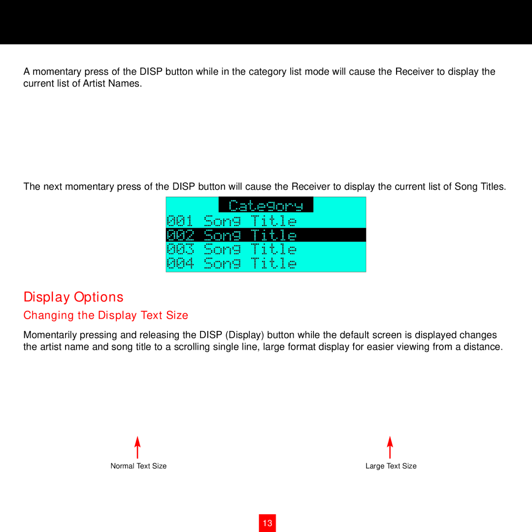 Sirius Satellite Radio XTR8CK instruction manual Display Options, Changing the Display Text Size 