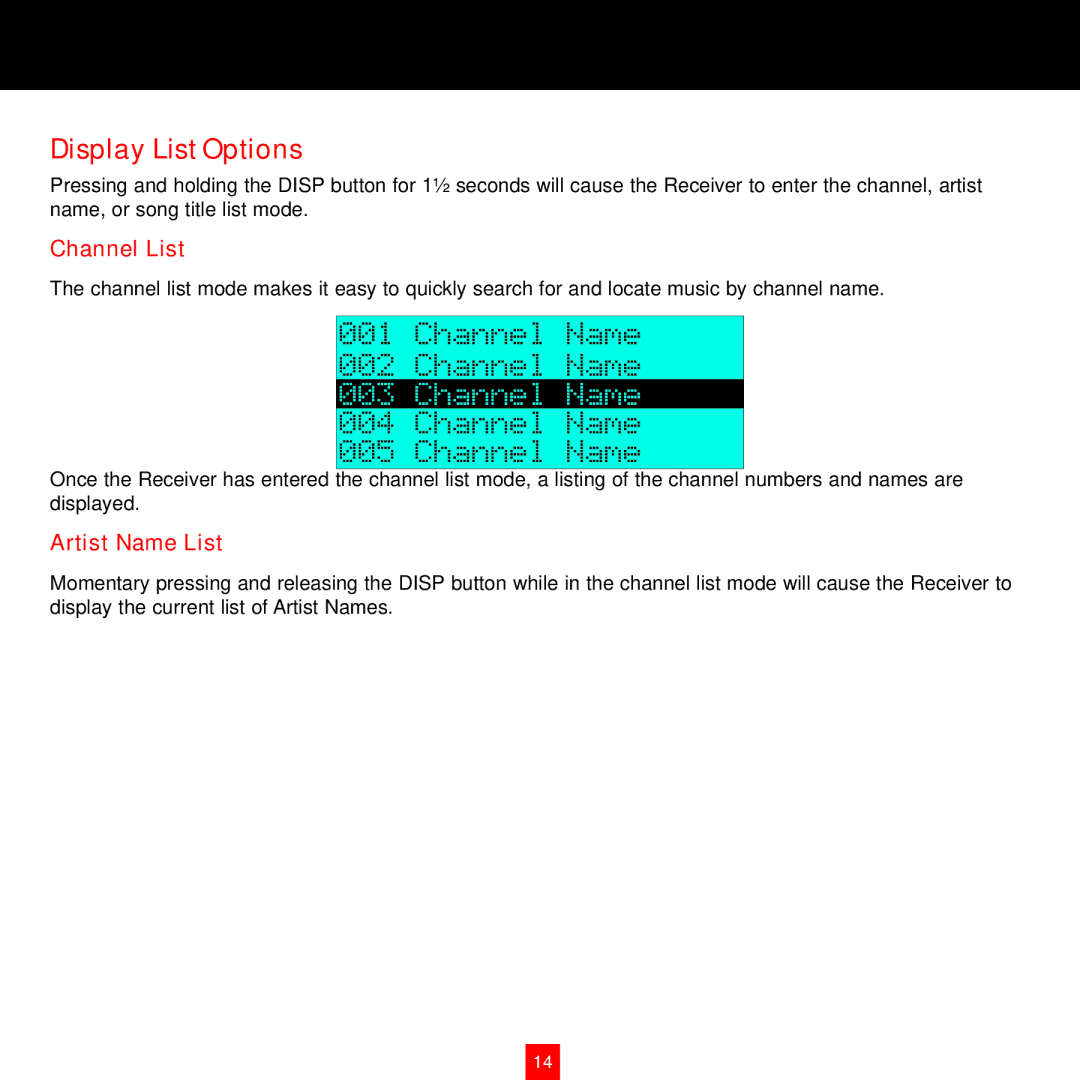 Sirius Satellite Radio XTR8CK instruction manual Display List Options, Channel List, Artist Name List 
