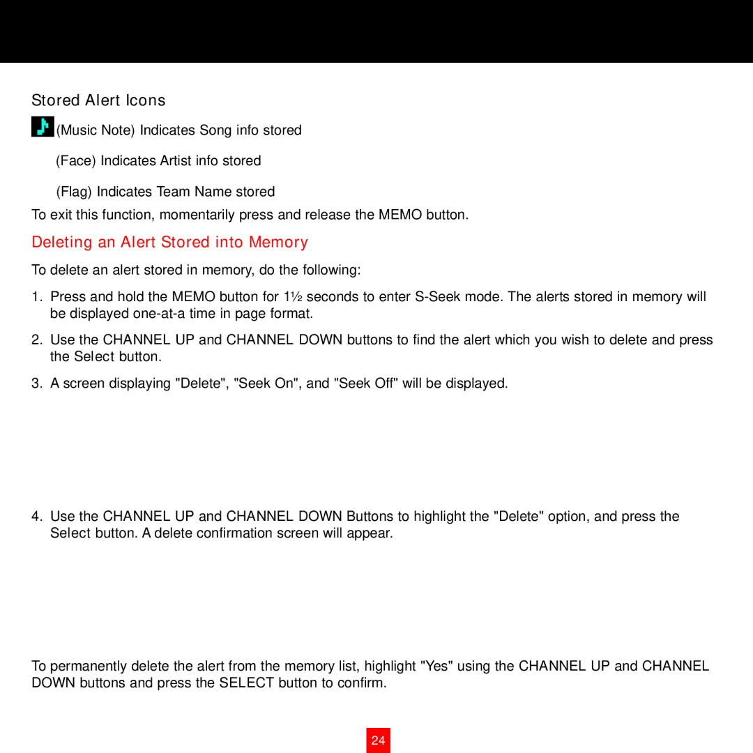 Sirius Satellite Radio XTR8CK instruction manual Stored Alert Icons, Deleting an Alert Stored into Memory 