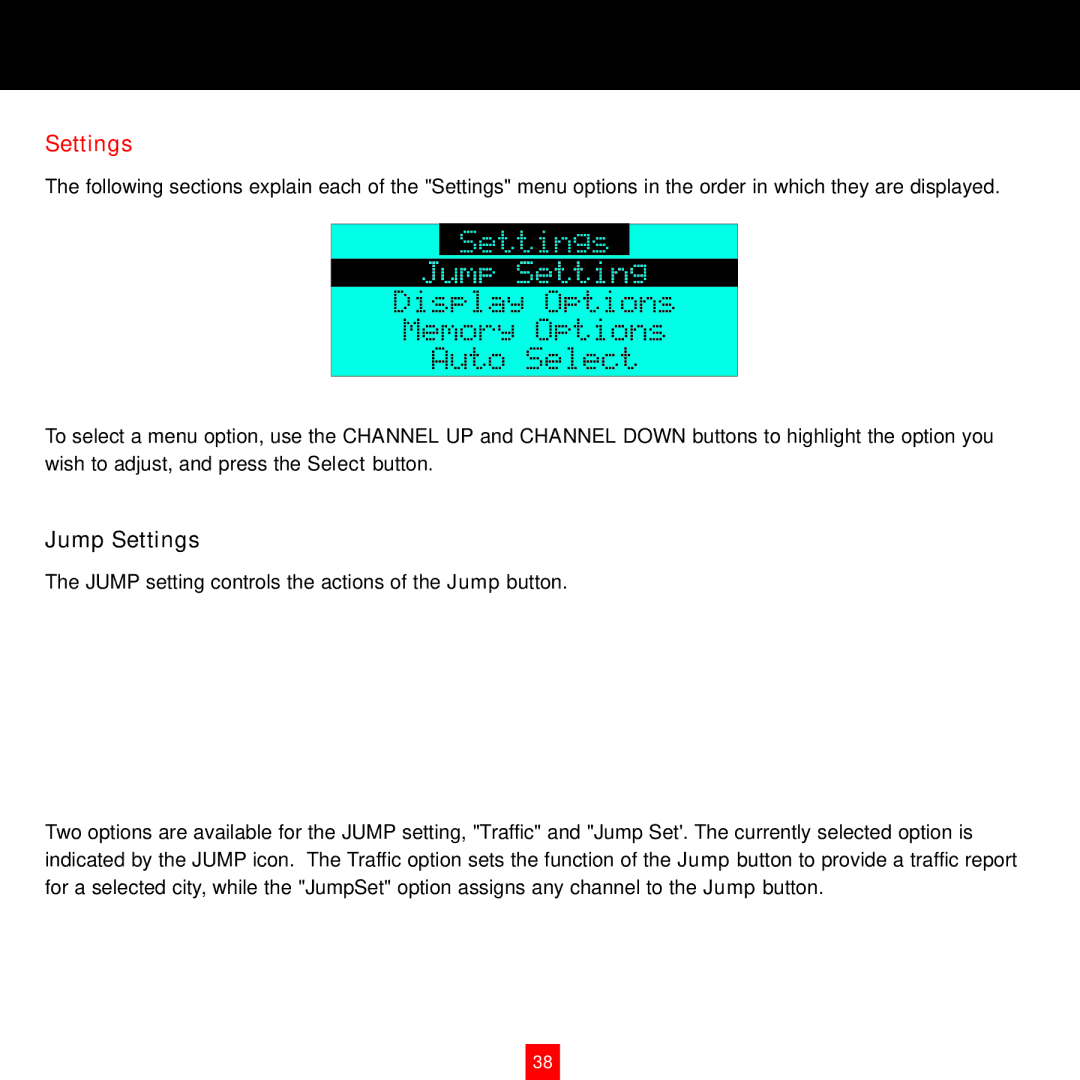 Sirius Satellite Radio XTR8CK instruction manual Jump Settings 