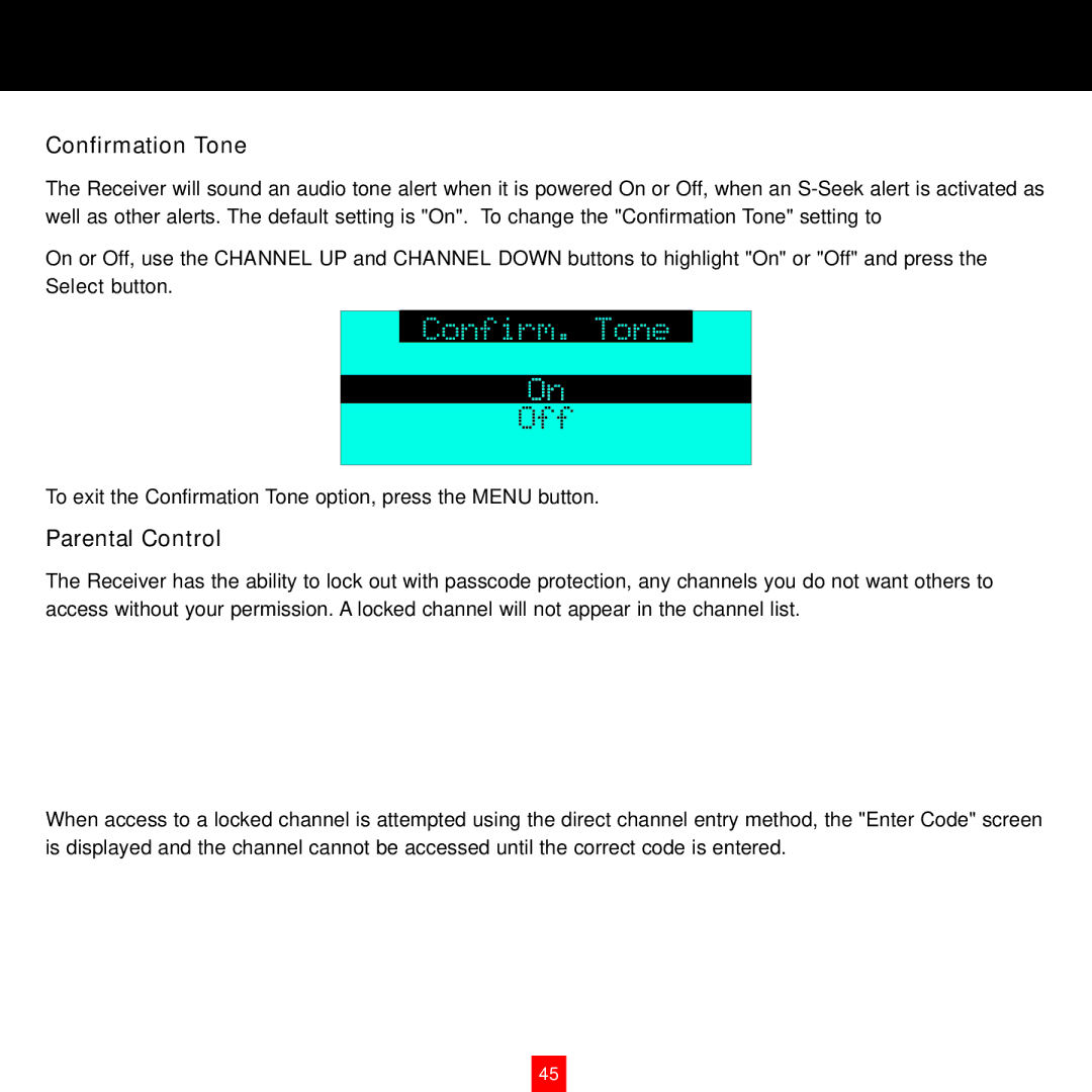 Sirius Satellite Radio XTR8CK instruction manual Confirmation Tone, Parental Control 