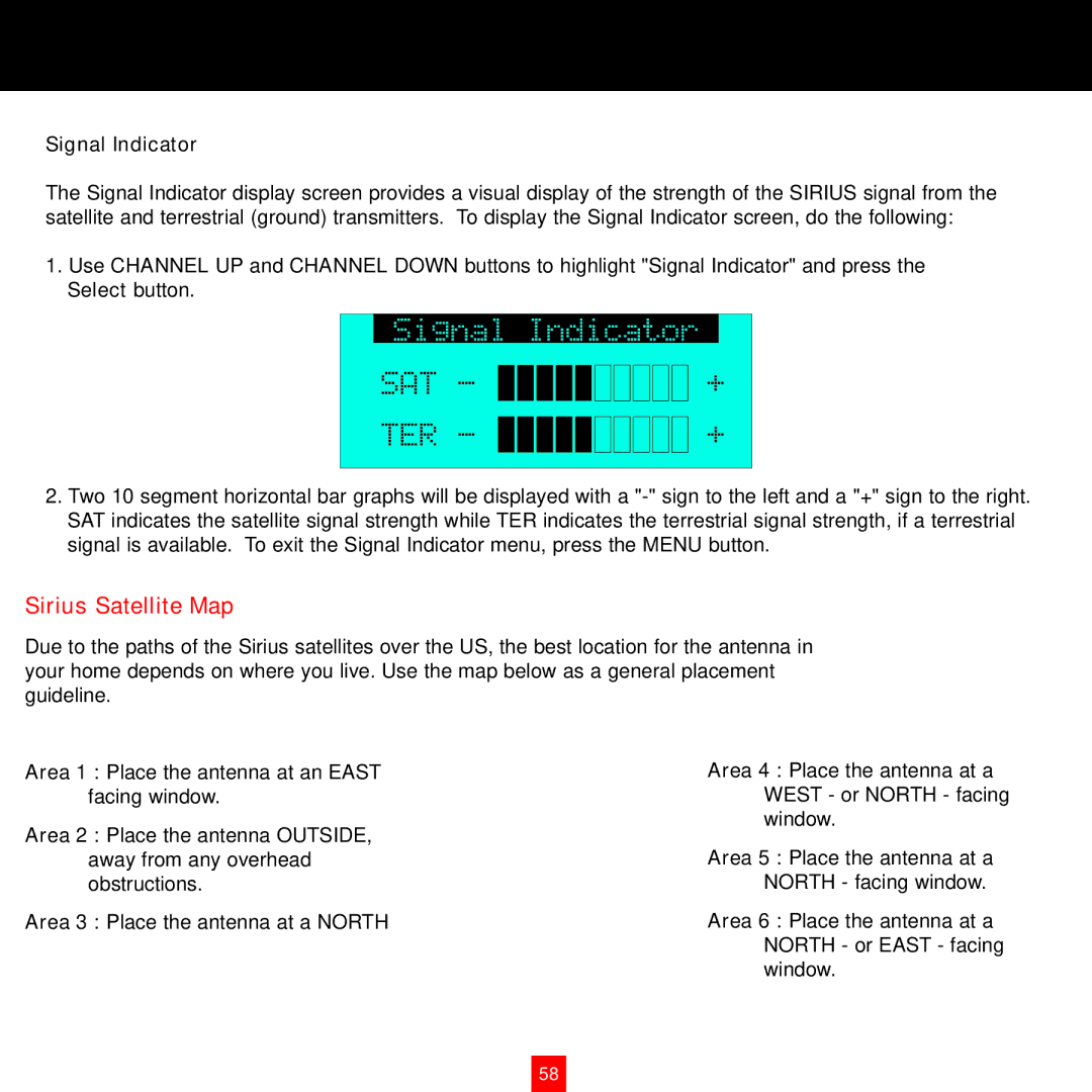 Sirius Satellite Radio XTR8CK instruction manual Sirius Satellite Map, Signal Indicator 