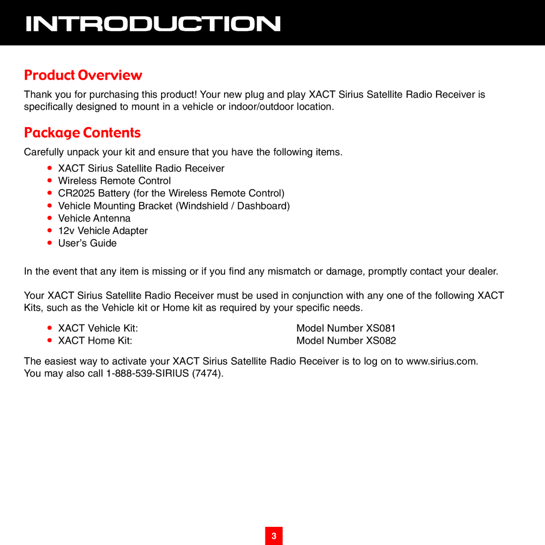 Sirius Satellite Radio XTR8CK instruction manual Introduction, Product Overview, Package Contents 