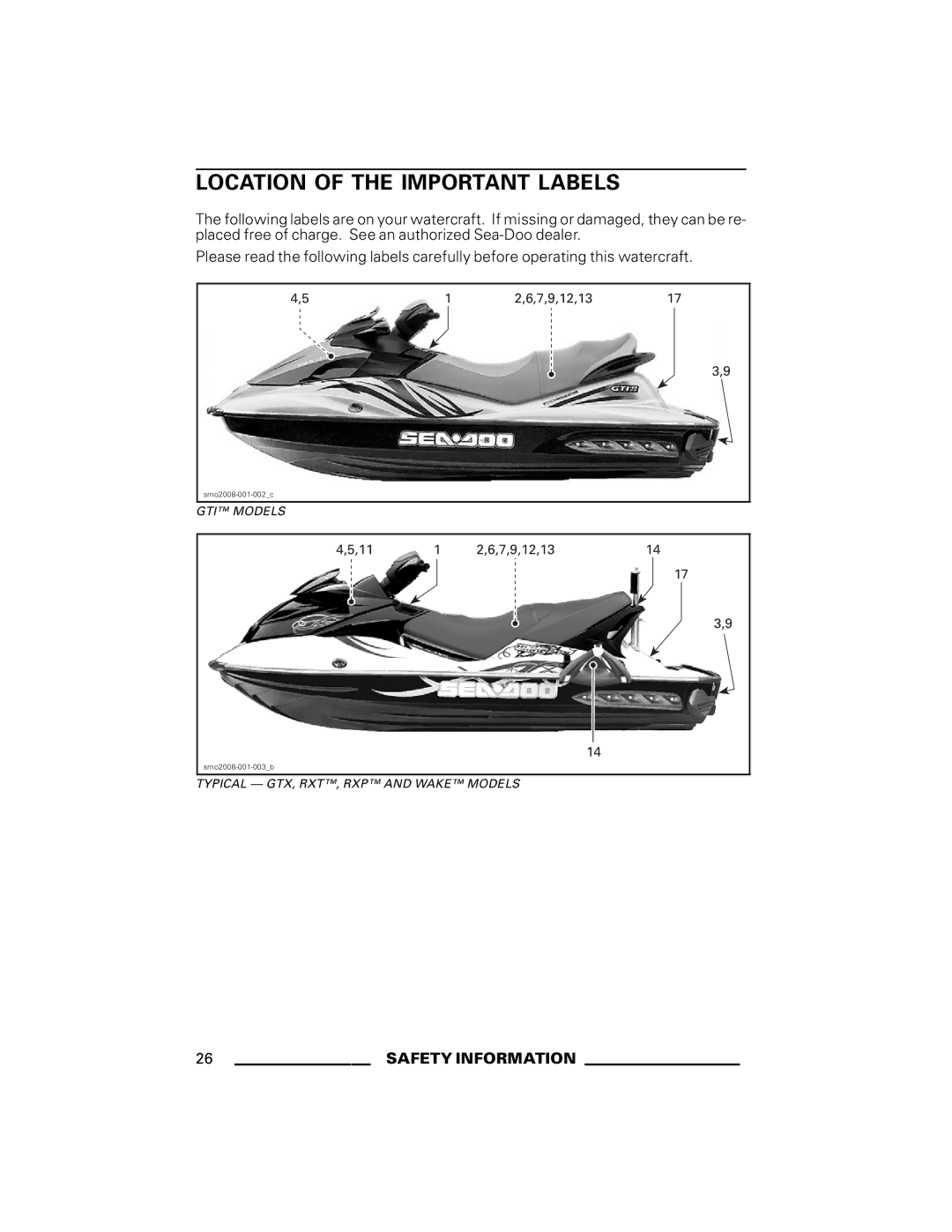 Ski-Doo RXT Series, GTX Series, RXP Series, GTI Series, WAKE Series manual Location of the Important Labels 