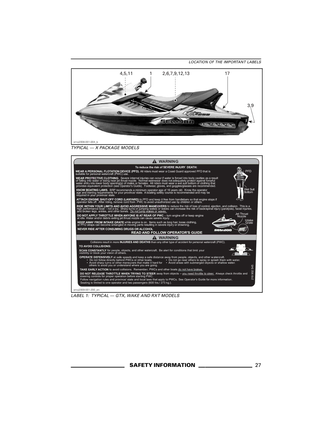 Ski-Doo WAKE Series, GTX Series, RXP Series, GTI Series, RXT Series manual Label 1 Typical GTX, Wake and RXT Models 