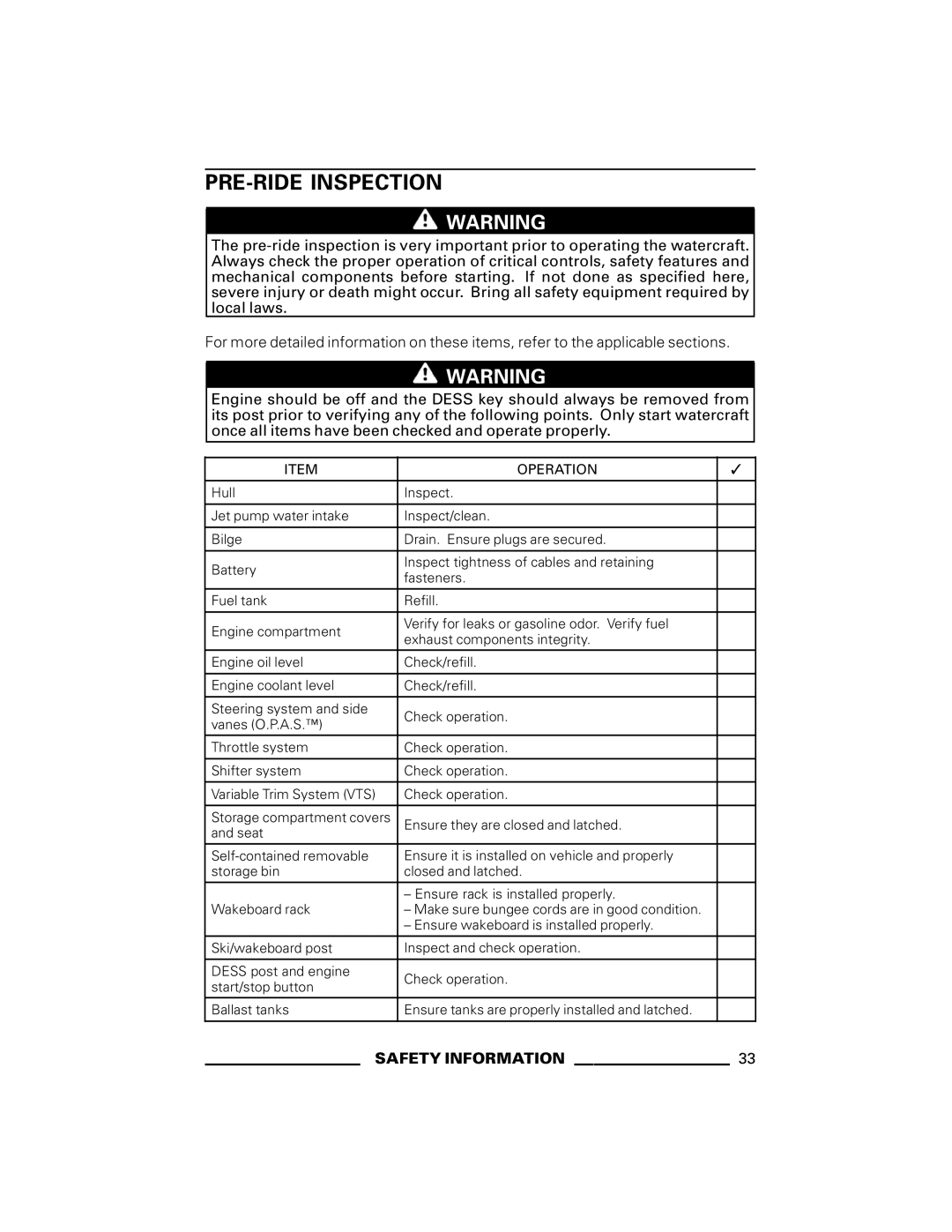 Ski-Doo GTX Series, RXP Series, GTI Series, RXT Series, WAKE Series manual PRE-RIDE Inspection, Operation 