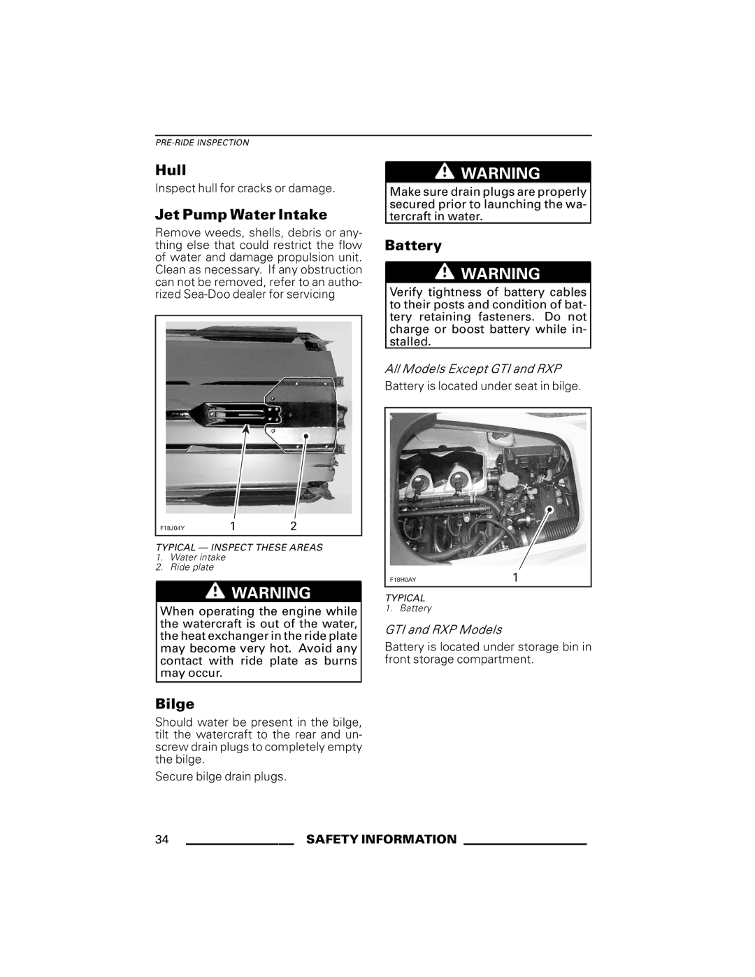 Ski-Doo RXP Series, GTX Series, GTI Series, RXT Series, WAKE Series manual Hull, Jet Pump Water Intake, Battery, Bilge 