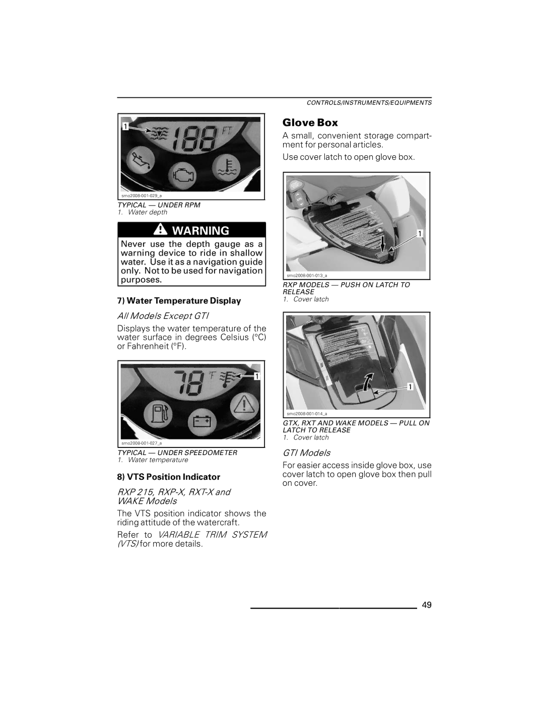 Ski-Doo RXP Series, GTX Series manual Glove Box, All Models Except GTI, RXP 215, RXP-X, RXT-X and Wake Models, GTI Models 