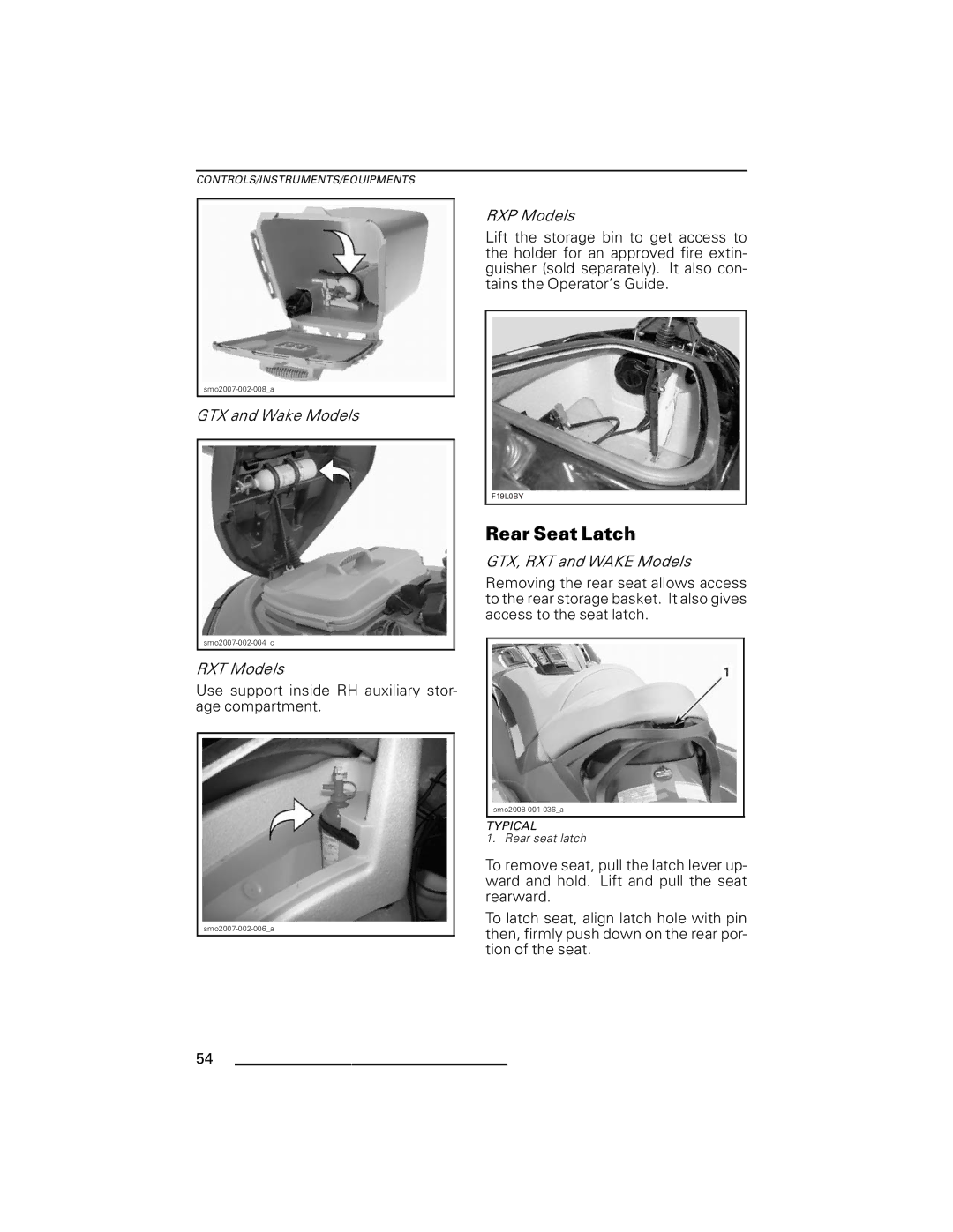 Ski-Doo RXP Series, GTX Series manual Rear Seat Latch, GTX and Wake Models, RXT Models, RXP Models, GTX, RXT and Wake Models 