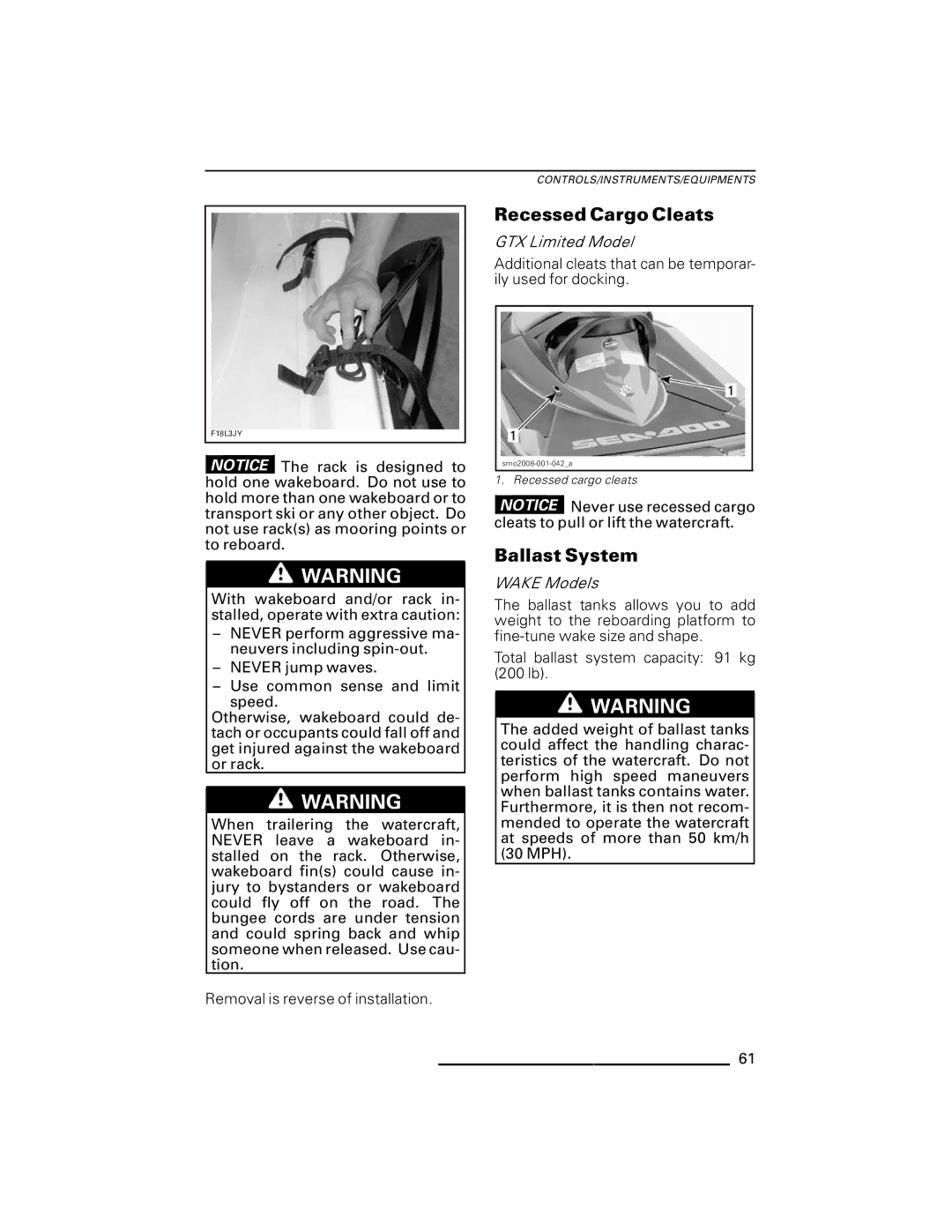 Ski-Doo RXT Series, GTX Series, RXP Series, GTI Series, WAKE Series manual Recessed Cargo Cleats, Ballast System 