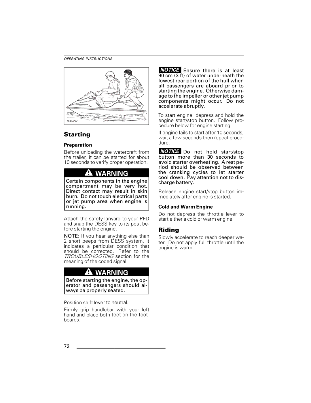 Ski-Doo WAKE Series, GTX Series, RXP Series, GTI Series, RXT Series manual Riding, Cold and Warm Engine 