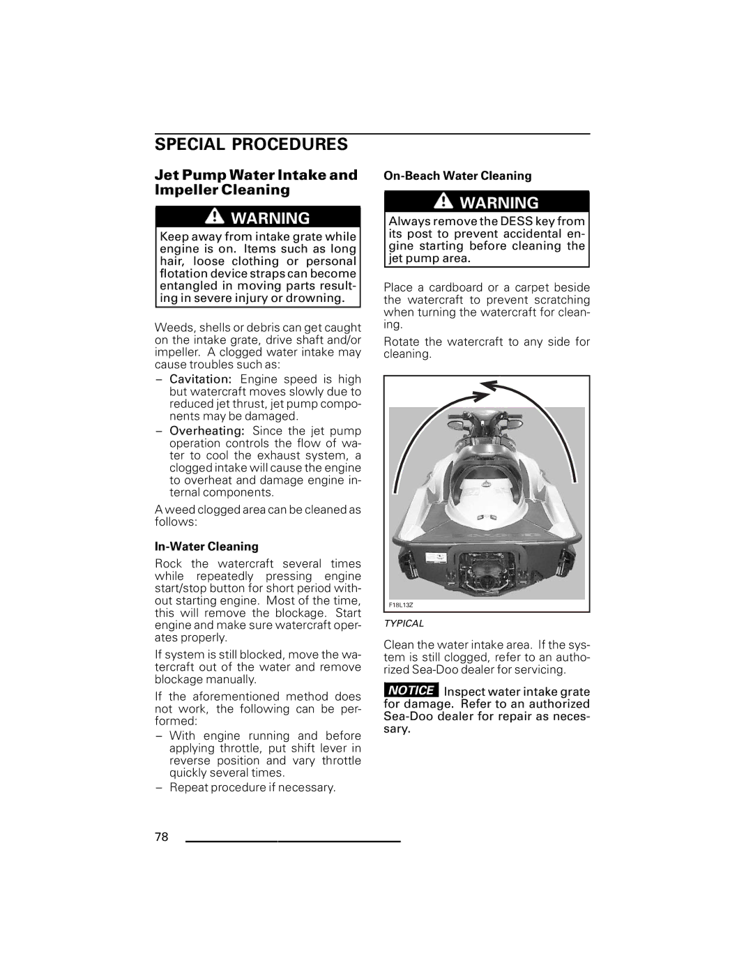 Ski-Doo GTX Series, RXP Series manual Special Procedures, Jet Pump Water Intake and Impeller Cleaning, In-Water Cleaning 