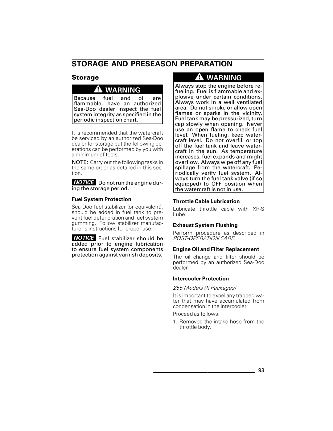 Ski-Doo GTX Series, RXP Series, GTI Series, RXT Series, WAKE Series manual Storage and Preseason Preparation, Models X Packages 