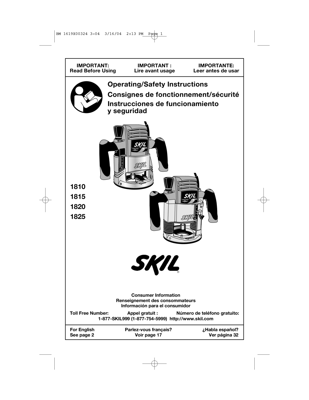 Skil 1825, 1820, 1815, 1810 manual Operating/Safety Instructions 